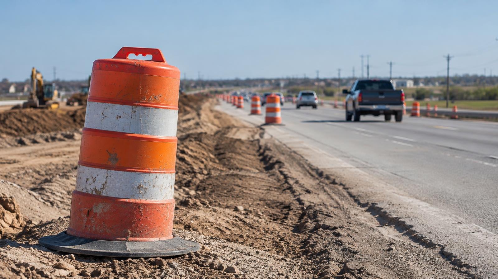 Wide highway under construction with orange traffic barrels and flat open terrain.