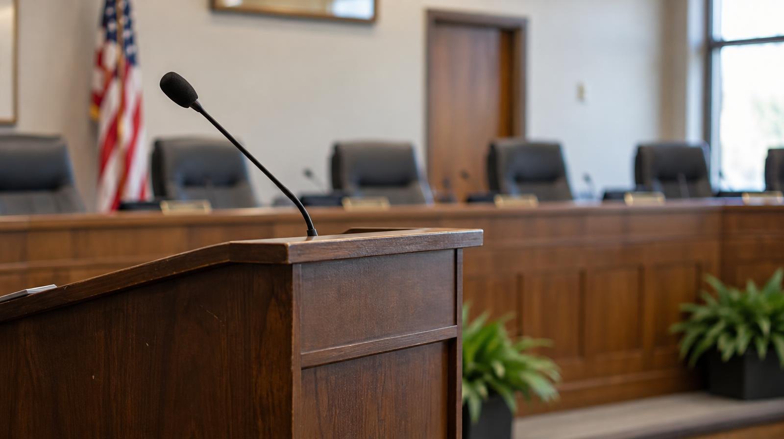 Empty chairs behind a wooden dais in a small council chamber.