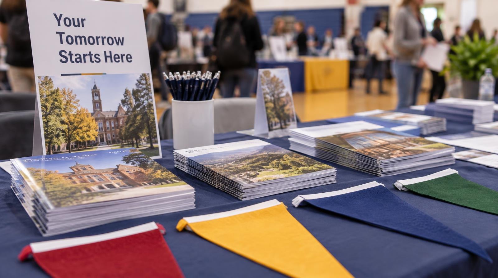Colorful college brochures and pennants fanned out on a table indoors.