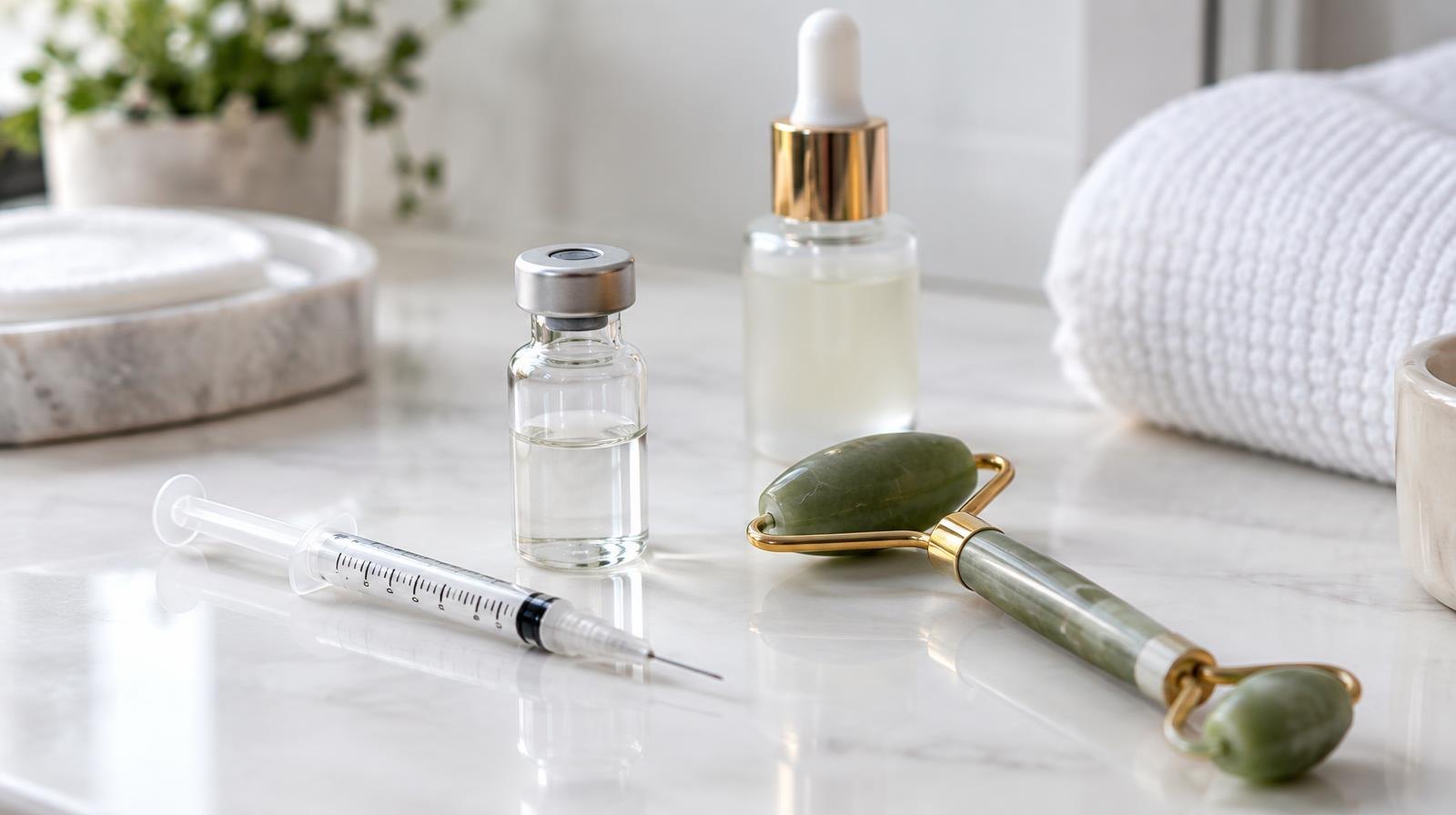 Glass vial, cosmetic syringe, jade roller, and serum dropper on a white surface.
