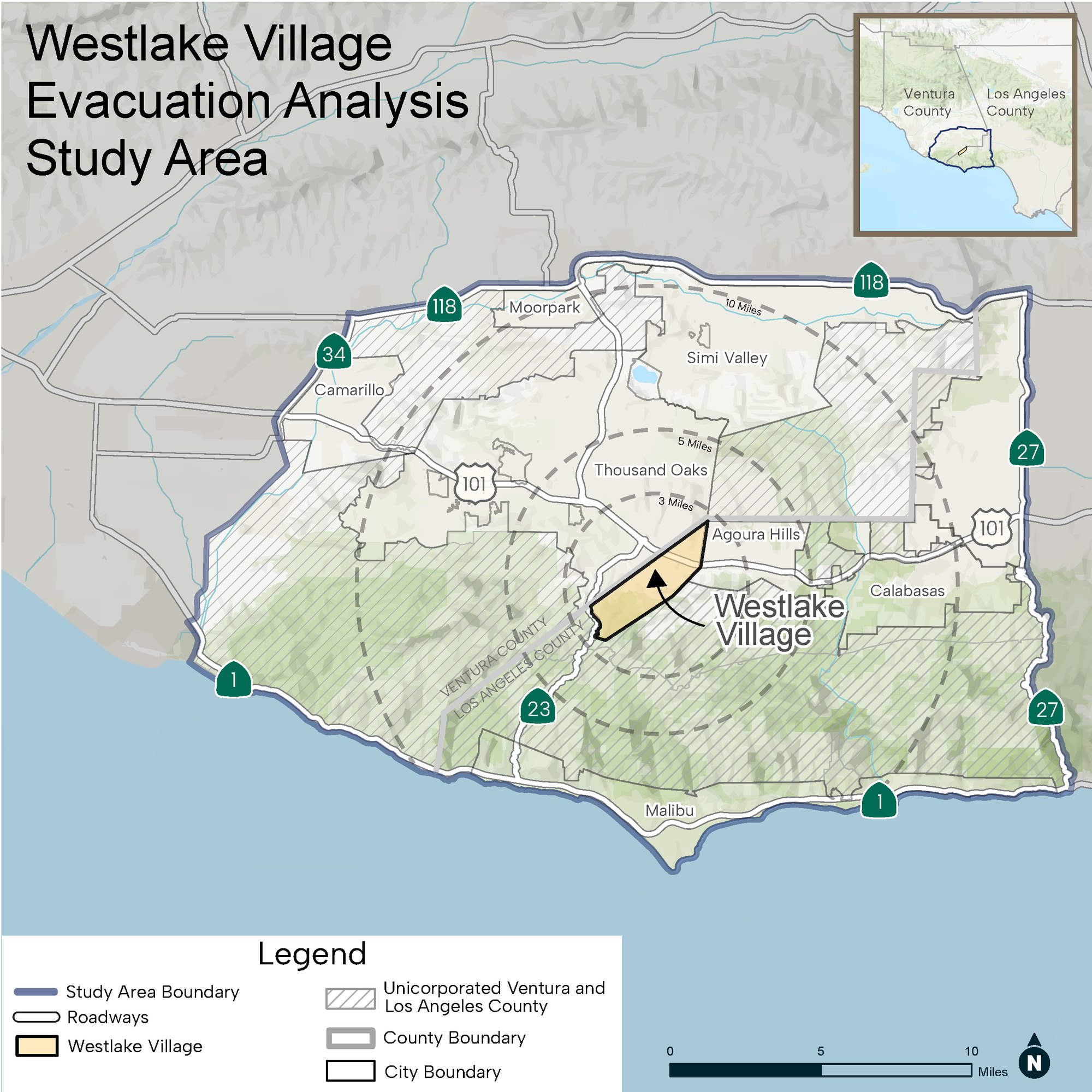 Map showing Westlake Village highlighted in gold at the center of a dashed evacuation study area boundary.