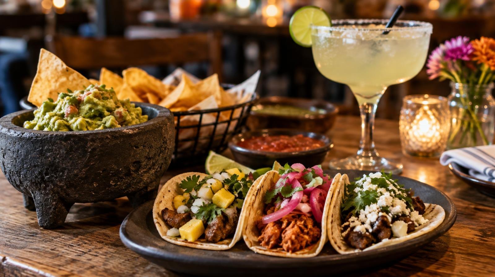 Colorful Mexican food dishes and a margarita glass arranged on a rustic wooden table.