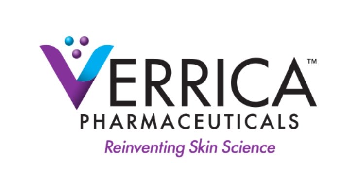 Verrica Pharmaceuticals logo with stylized purple and teal V mark and tagline Reinventing Skin Science.