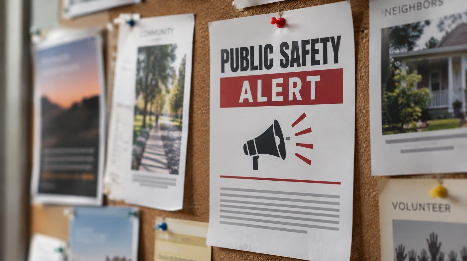 A public safety notice pinned to a community bulletin board among other flyers.