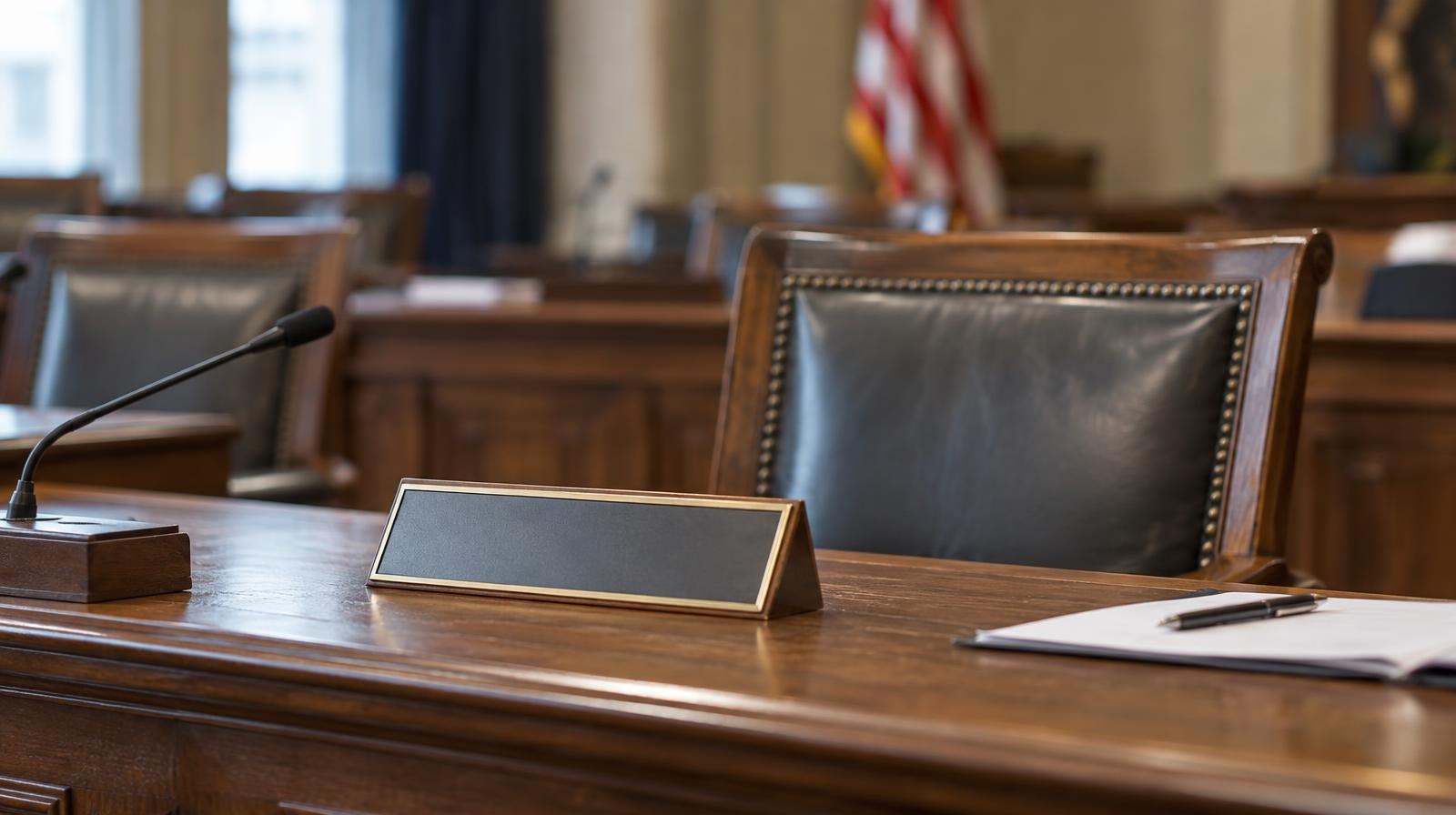 Empty wooden chair at a legislative desk with a nameplate holder.