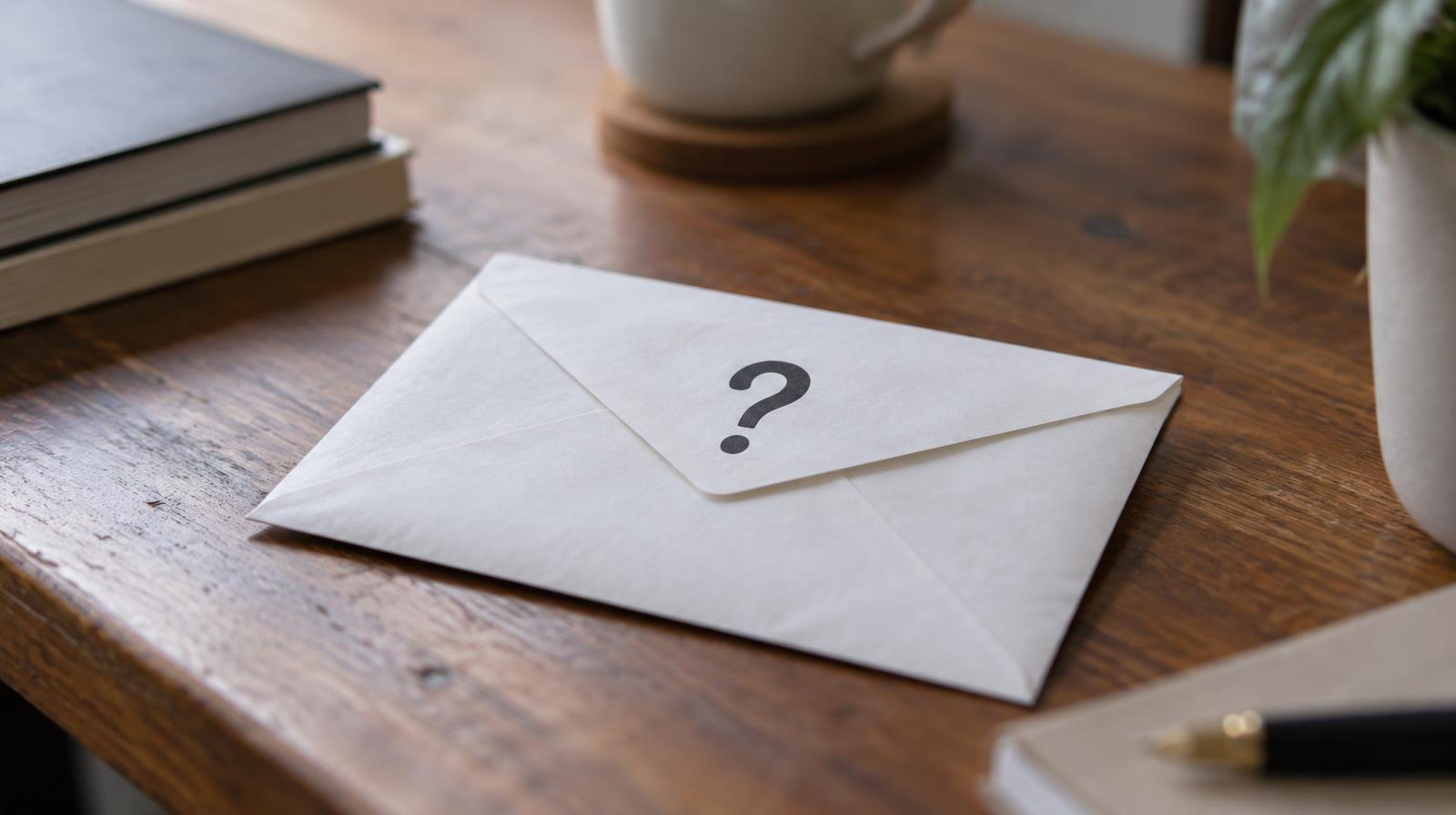 A sealed envelope with a question mark resting on a wooden desk.