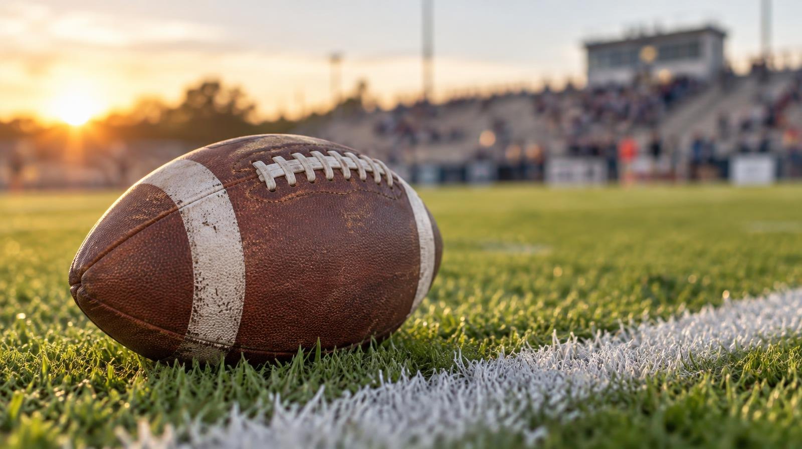 An American football resting on green grass beside a white yard line marker.