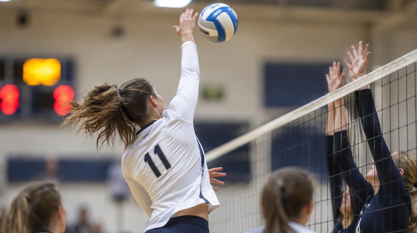 Volleyball player jumping to spike ball over the net indoors.