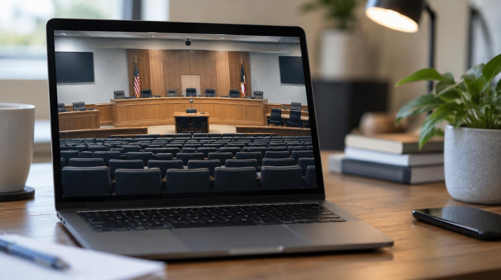 Laptop on a desk displaying a live video stream of an empty council chamber.