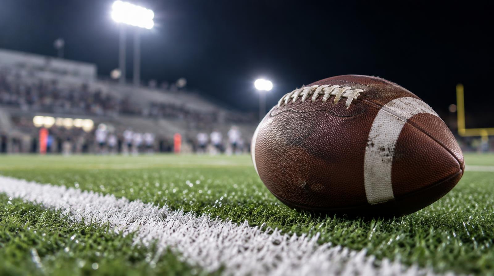 An American football sitting on green artificial turf beside a white yard line.
