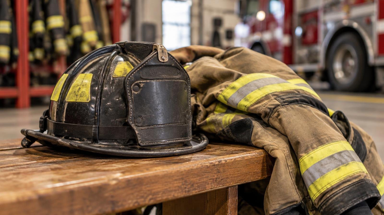 Firefighter helmet and turnout coat resting on a wooden bench in a fire station.