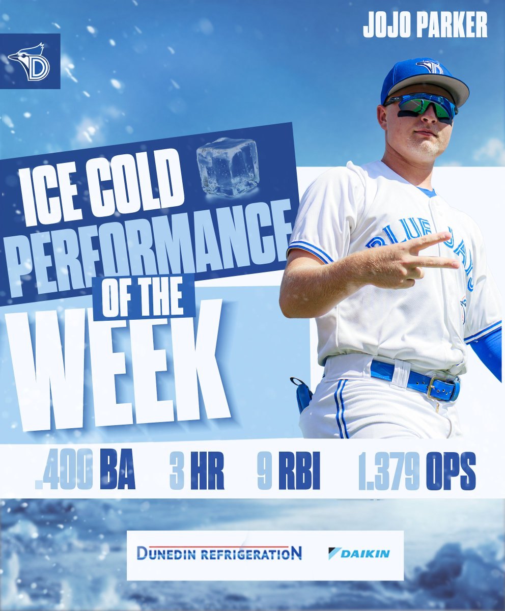 Promotional graphic showing a baseball player in a Blue Jays uniform with award stats displayed.