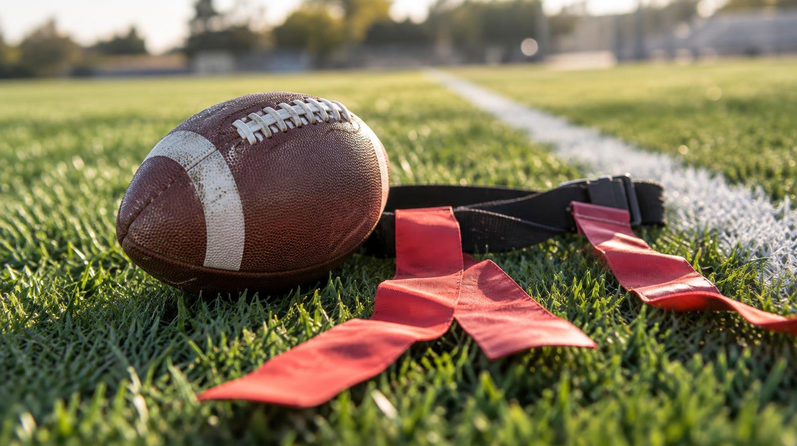 A football, flag football belts, and flags rest on green grass beside a white yard line.