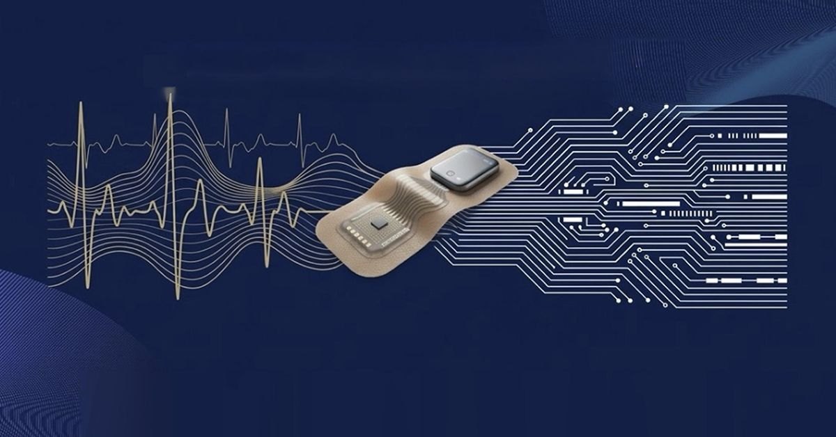 Small wearable medical patch device flanked by ECG waveform and circuit board graphics on a dark blue background.