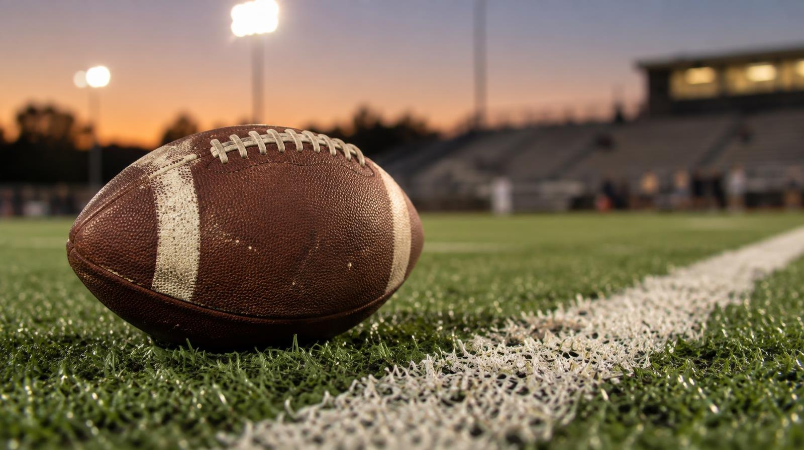 An American football resting on green artificial turf beside a white yard line under stadium lights.