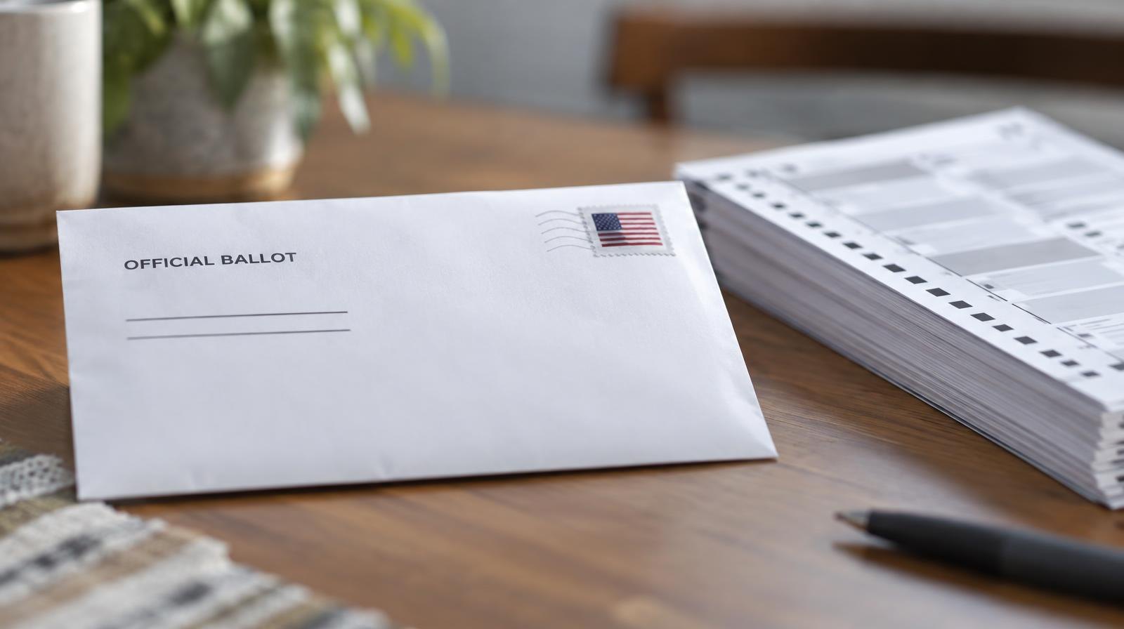 A sealed white envelope next to a stack of paper ballots on a flat surface.