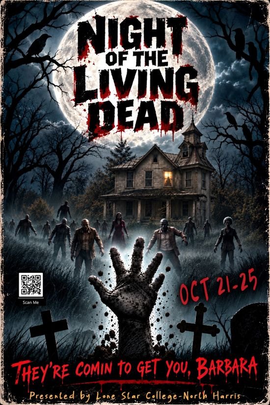 Theatrical poster showing zombies, a haunted house under a full moon, and a hand rising from a grave.