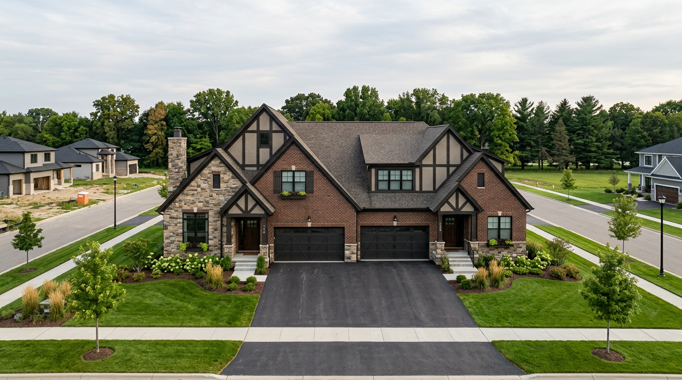 Contemporary Tudor-style duplex with brick and stone facade, gabled roof, and attached garages in a landscaped setting.