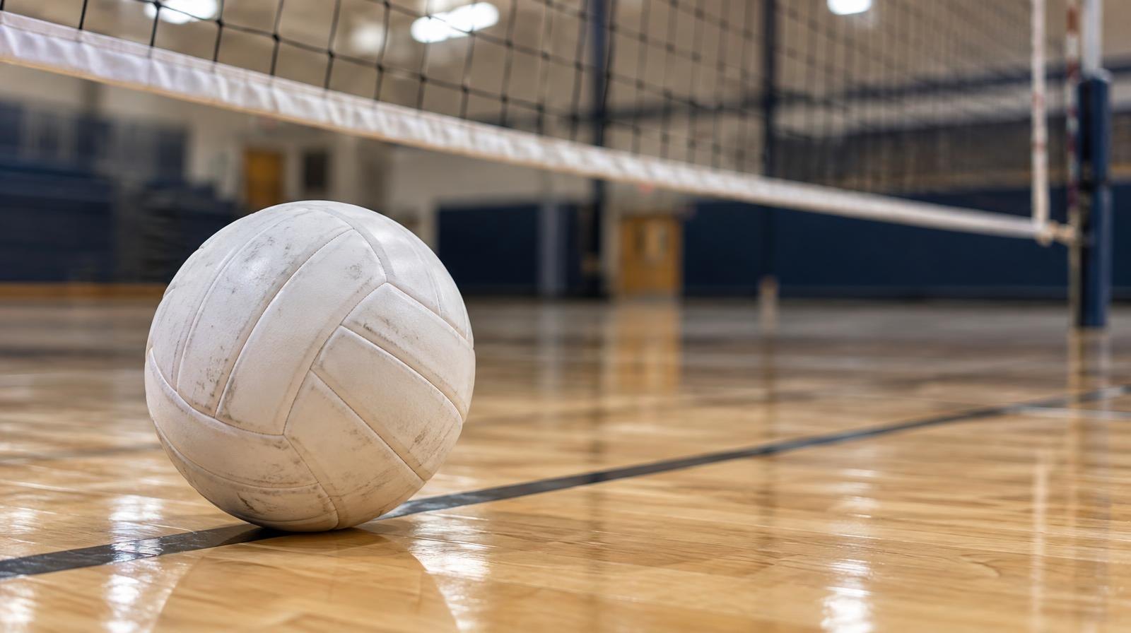 A white volleyball resting on a hardwood gym floor near a net casting a shadow.