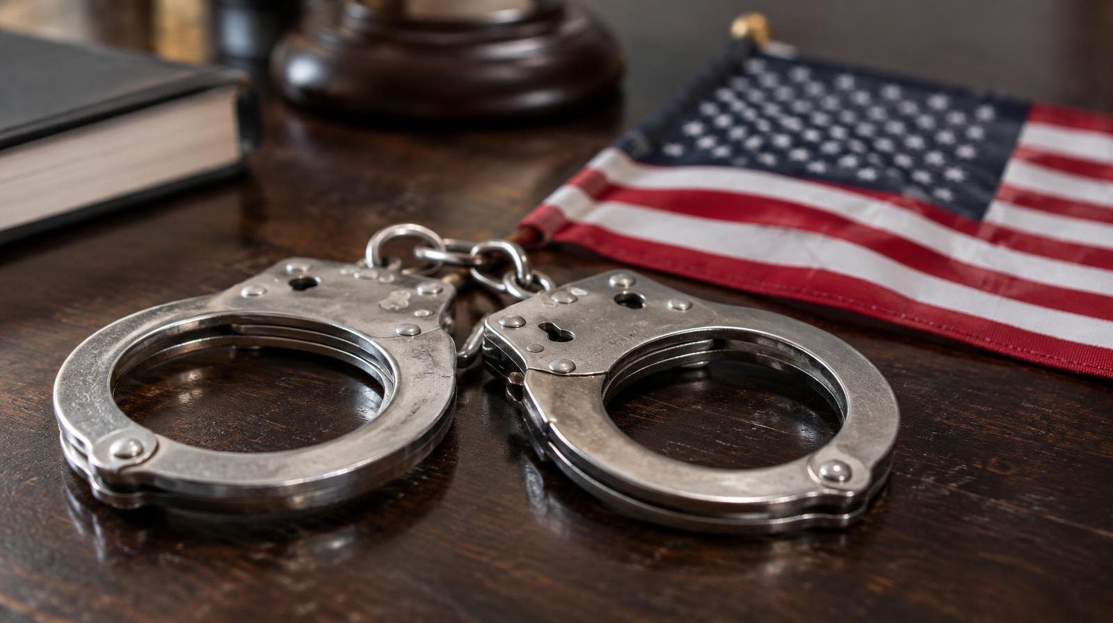 Silver handcuffs resting on a dark surface next to a small American flag