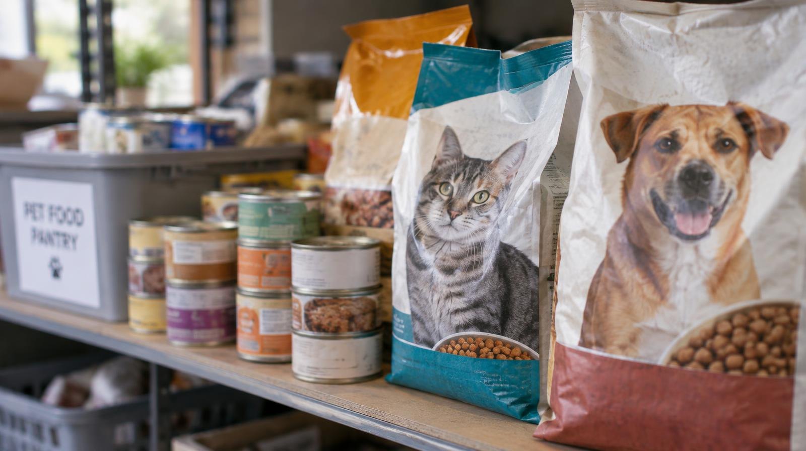 Bags and cans of pet food arranged on a shelf indoors.