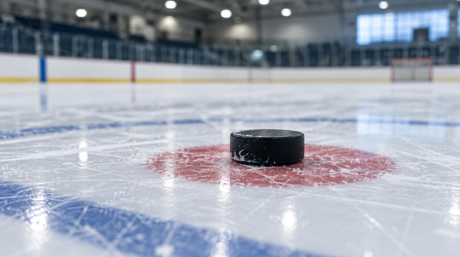 A black ice hockey puck resting on white ice at a painted red face-off dot.