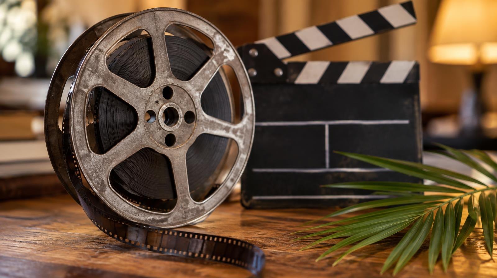 A vintage film reel and clapperboard on a wooden surface beside a green palmetto frond.
