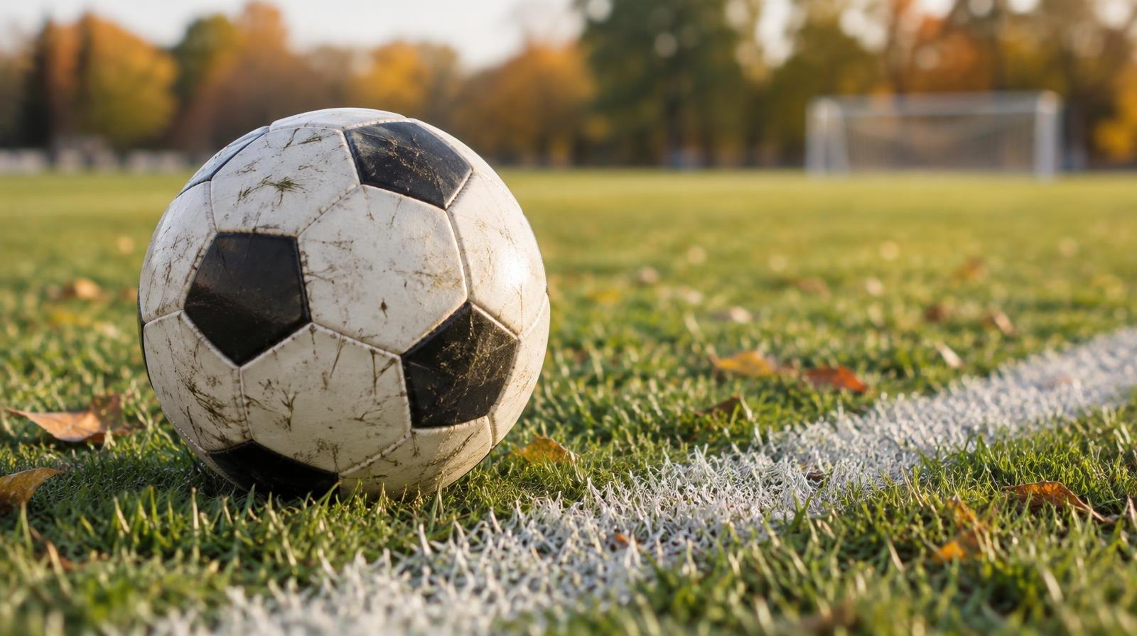 A black-and-white soccer ball resting on green grass near a white painted sideline.