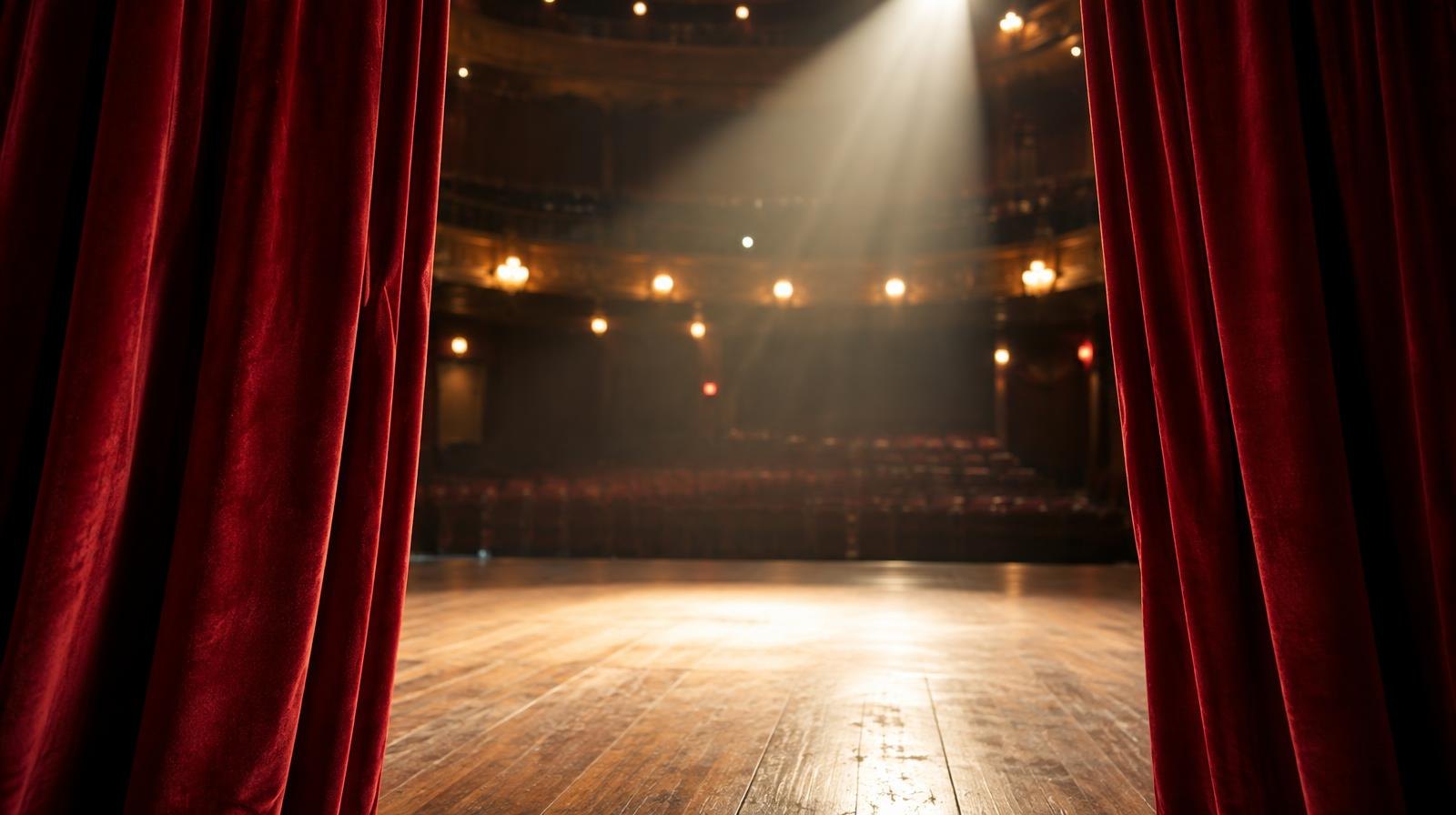 Red stage curtains open to reveal a spotlight on an empty wooden stage.