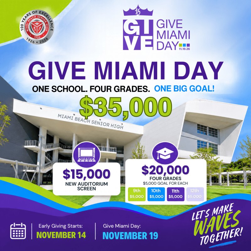 Fundraising flyer showing a school building, dollar goal amounts, and campaign dates.