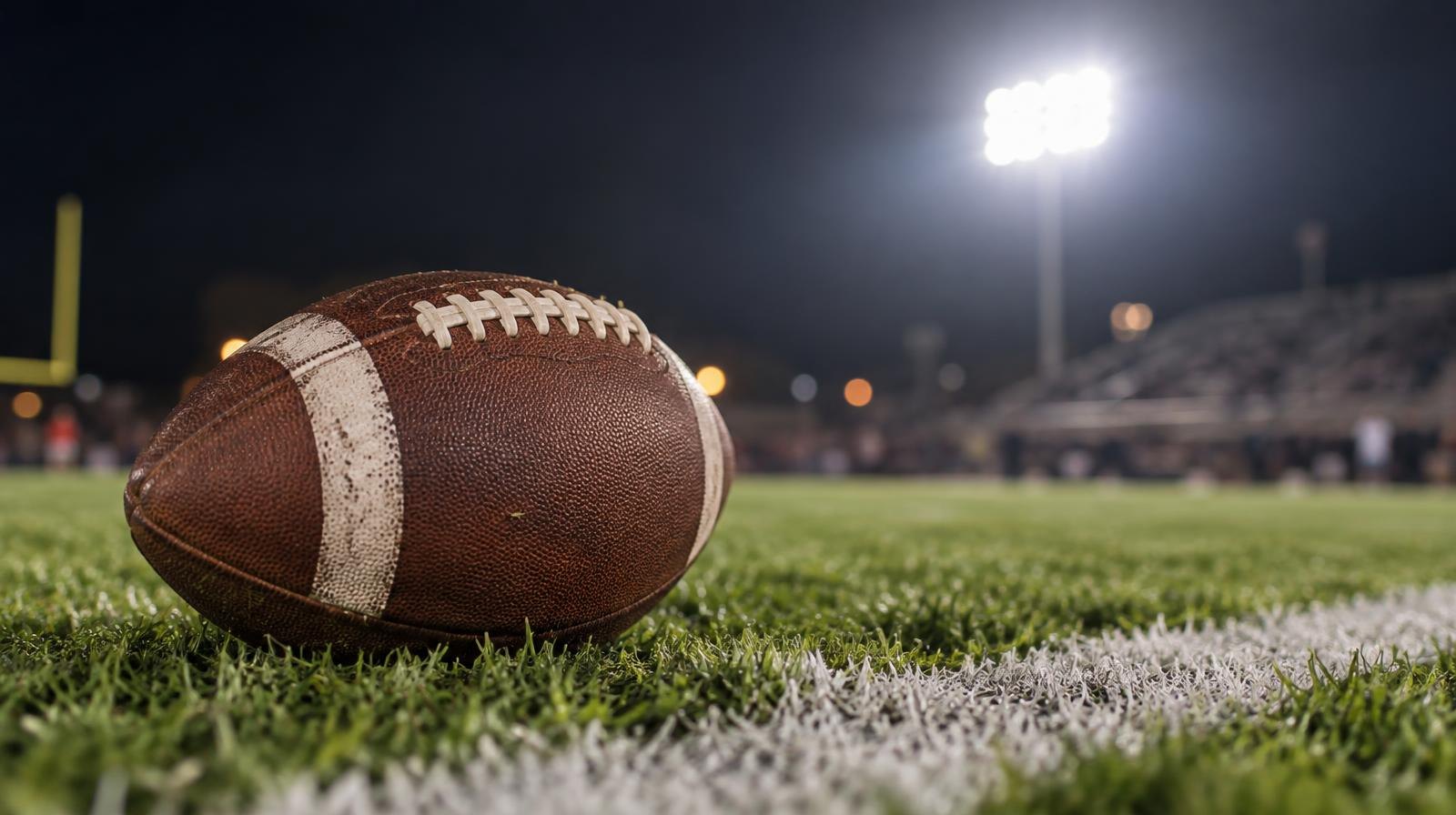 An American football on green grass beside a white yard line under bright stadium lights.