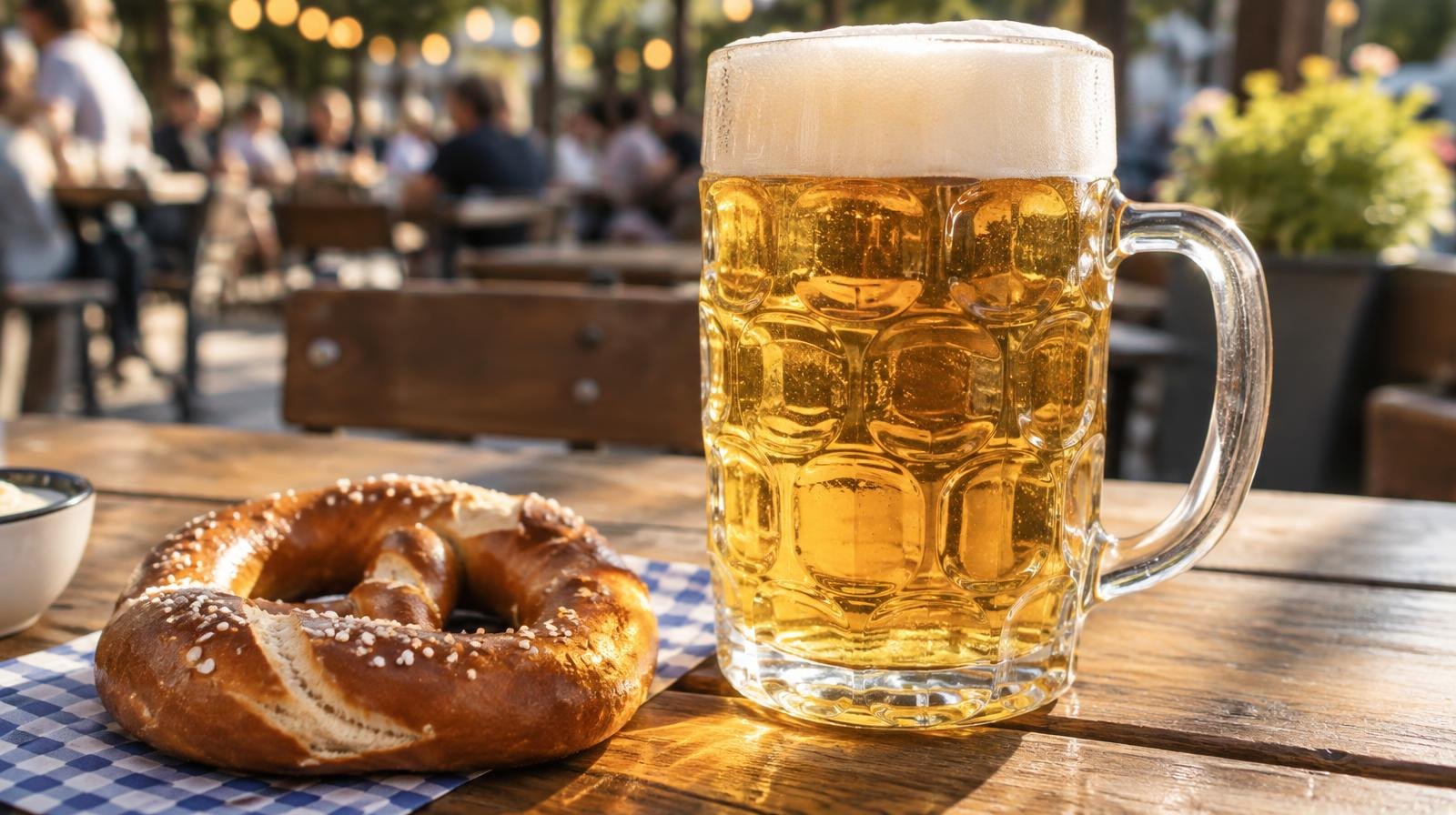 A full ceramic beer stein beside a soft pretzel on a wooden table.