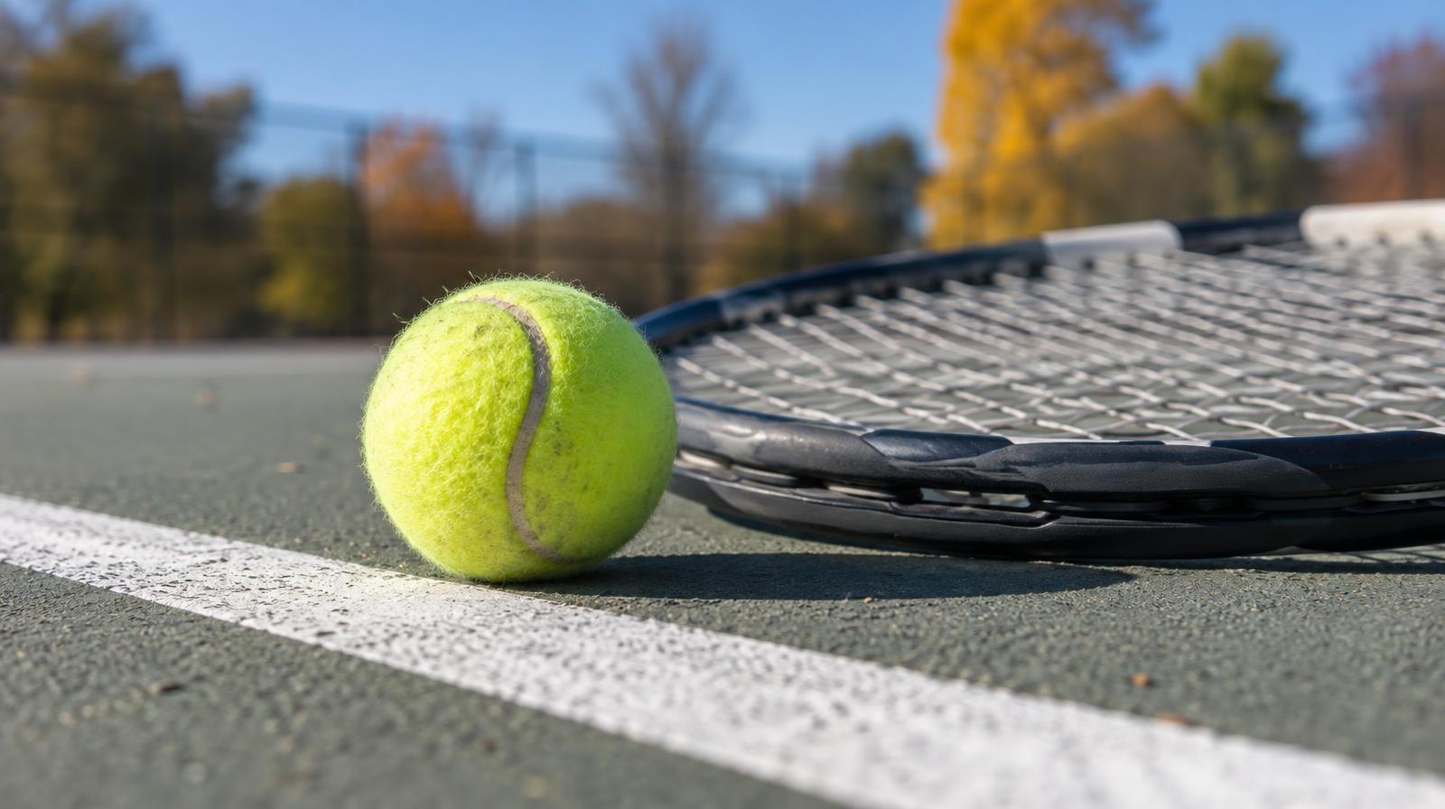 Yellow tennis ball and racket resting on a hard court beside a white baseline.