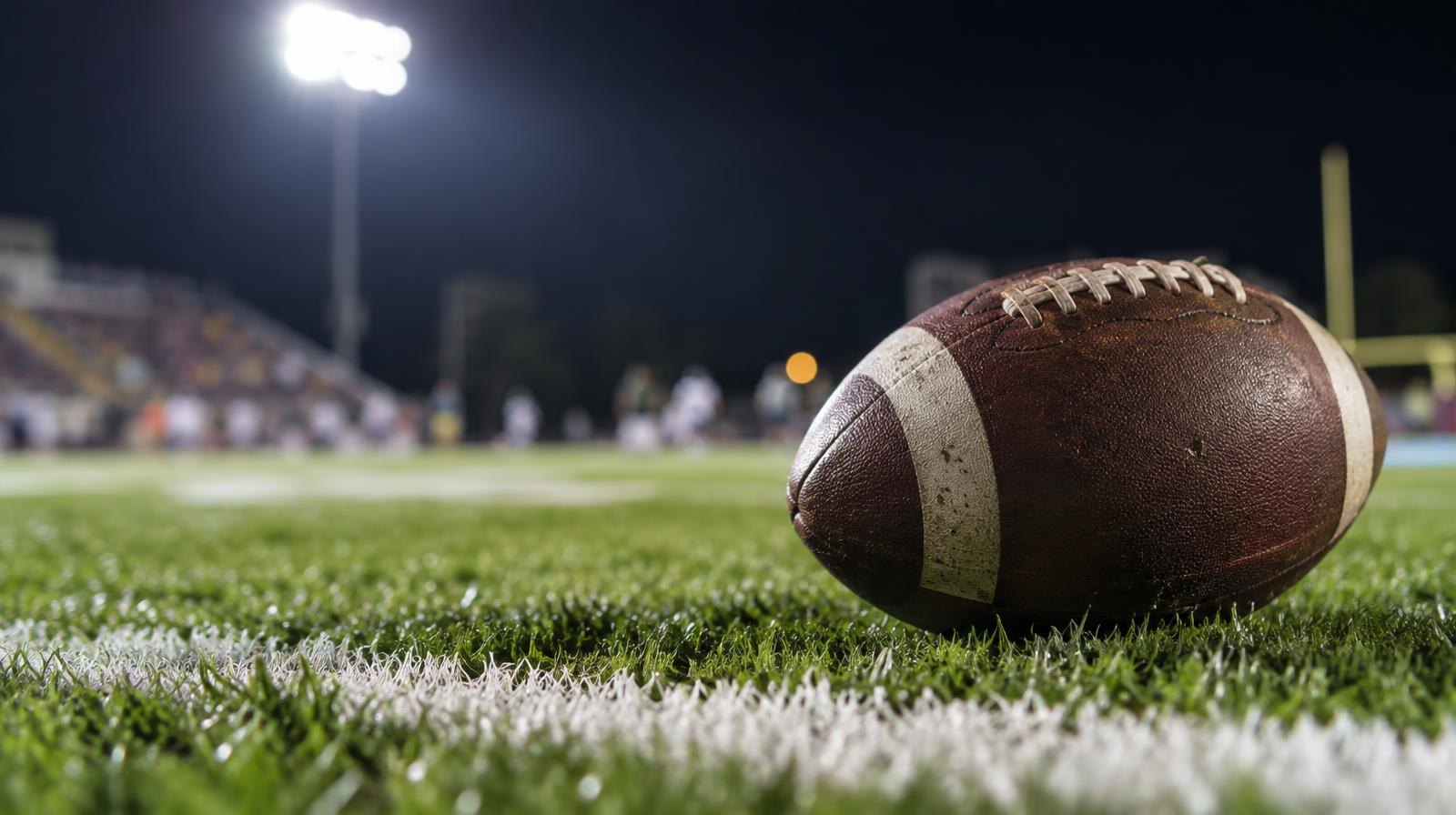 An American football on green grass beside a white yard line under bright stadium lights at night.