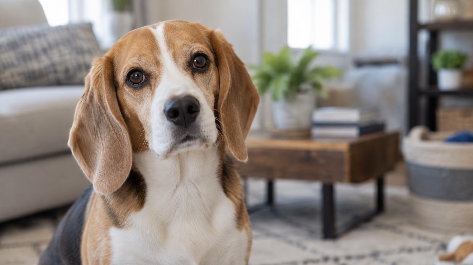 A beagle dog sits calmly, looking forward with soft eyes.