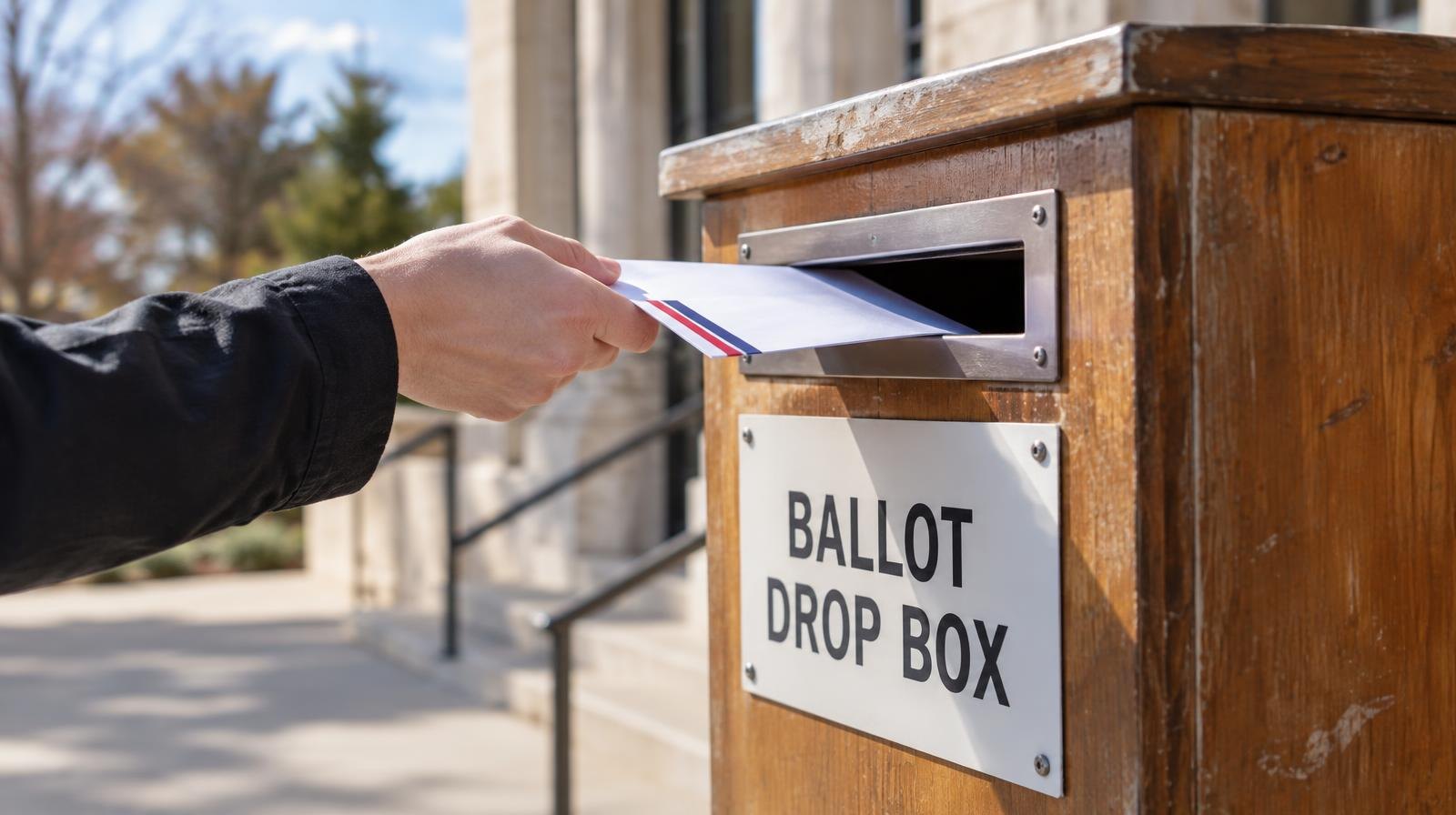 A mail-in ballot envelope being inserted into a wooden drop box.
