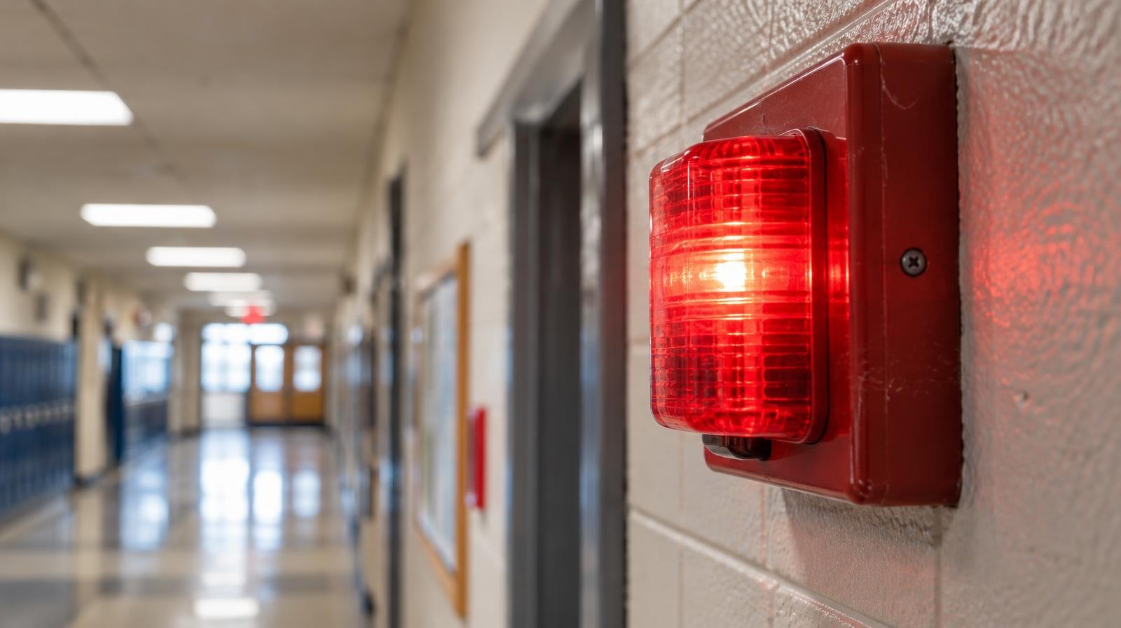 Red emergency strobe light mounted on a school hallway wall, illuminated and flashing.
