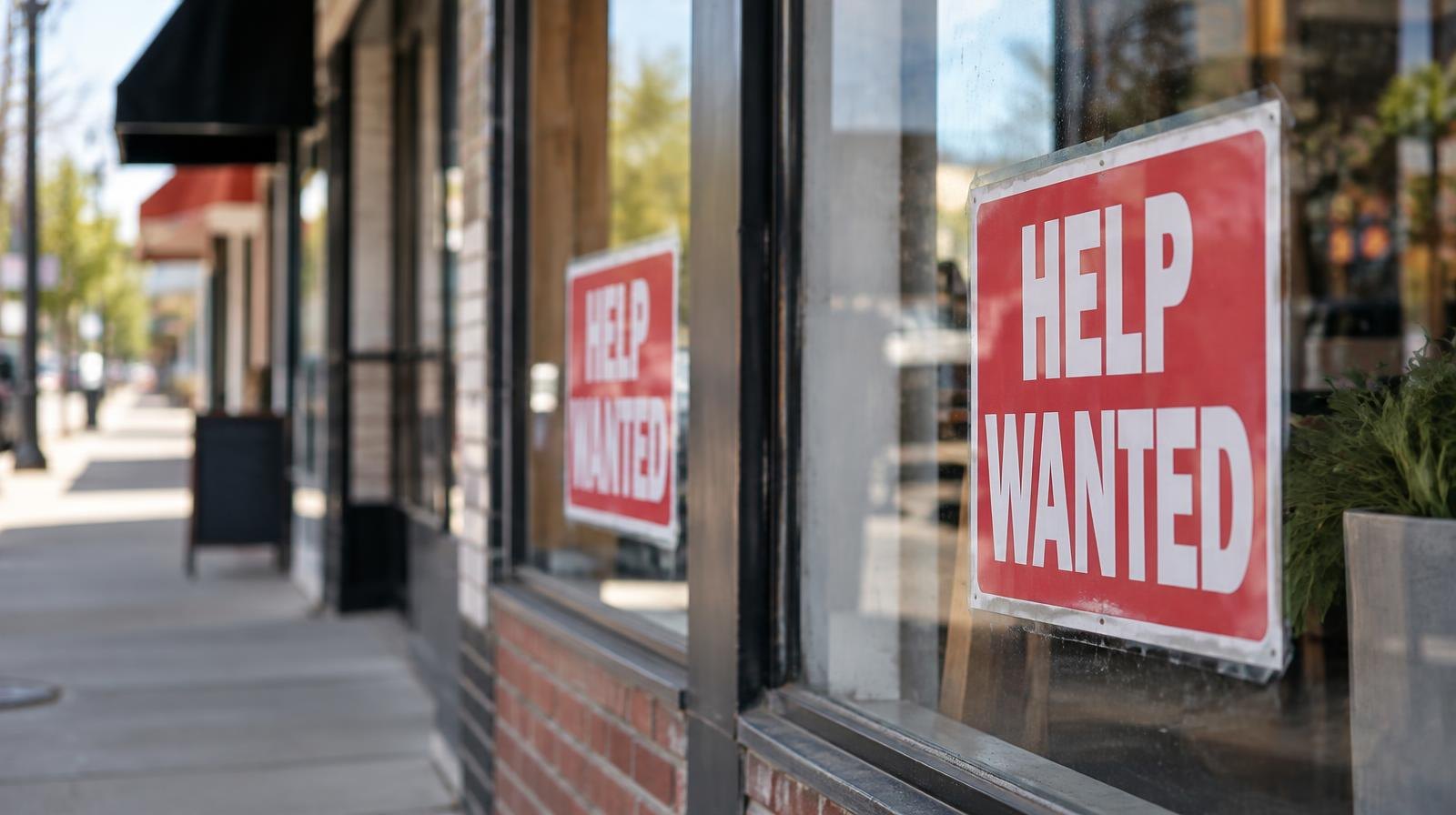 Help Wanted signs displayed in multiple storefront windows on a sunny commercial street.