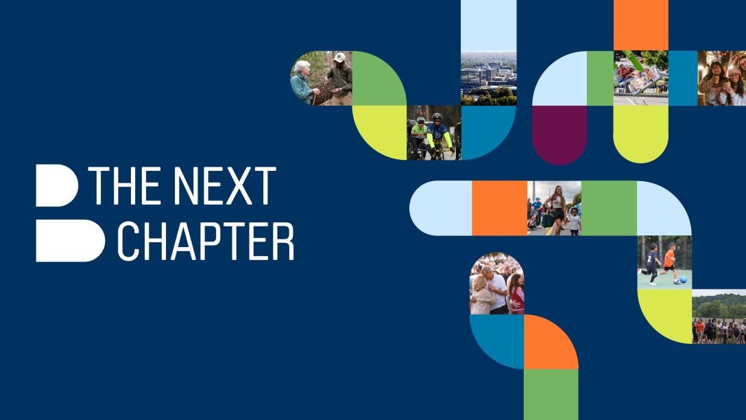 Dark navy branded graphic reading 'The Next Chapter' with colorful curved shapes and community photo thumbnails.