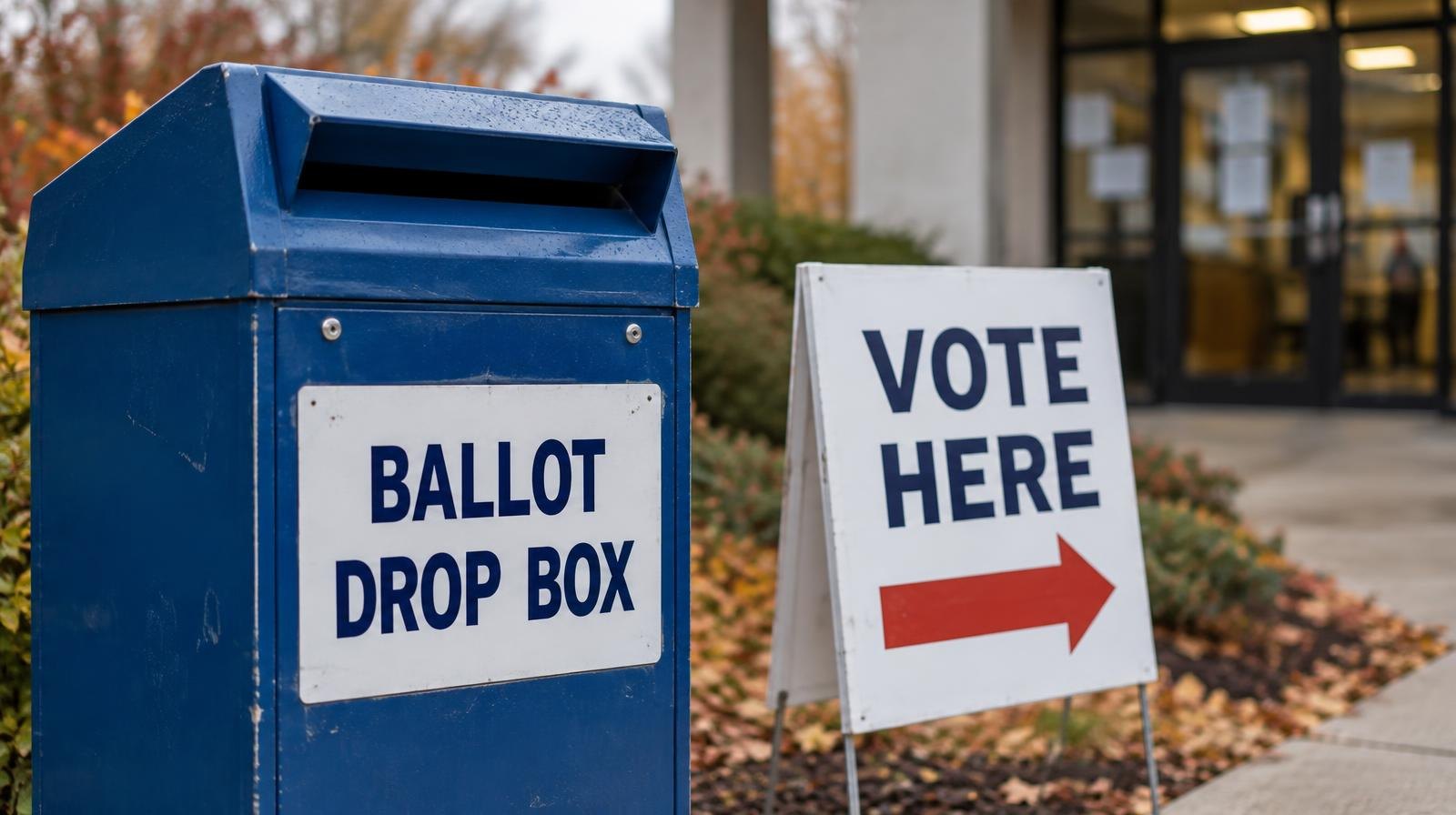 A ballot drop box and directional vote sign outside a polling place entrance on an overcast day.