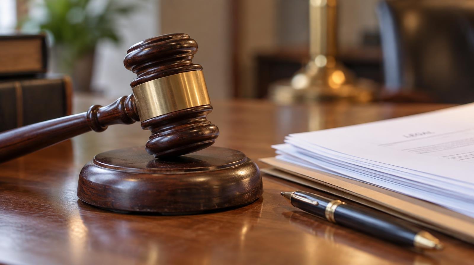 Wooden gavel resting on its sound block beside stacked papers on a desk.
