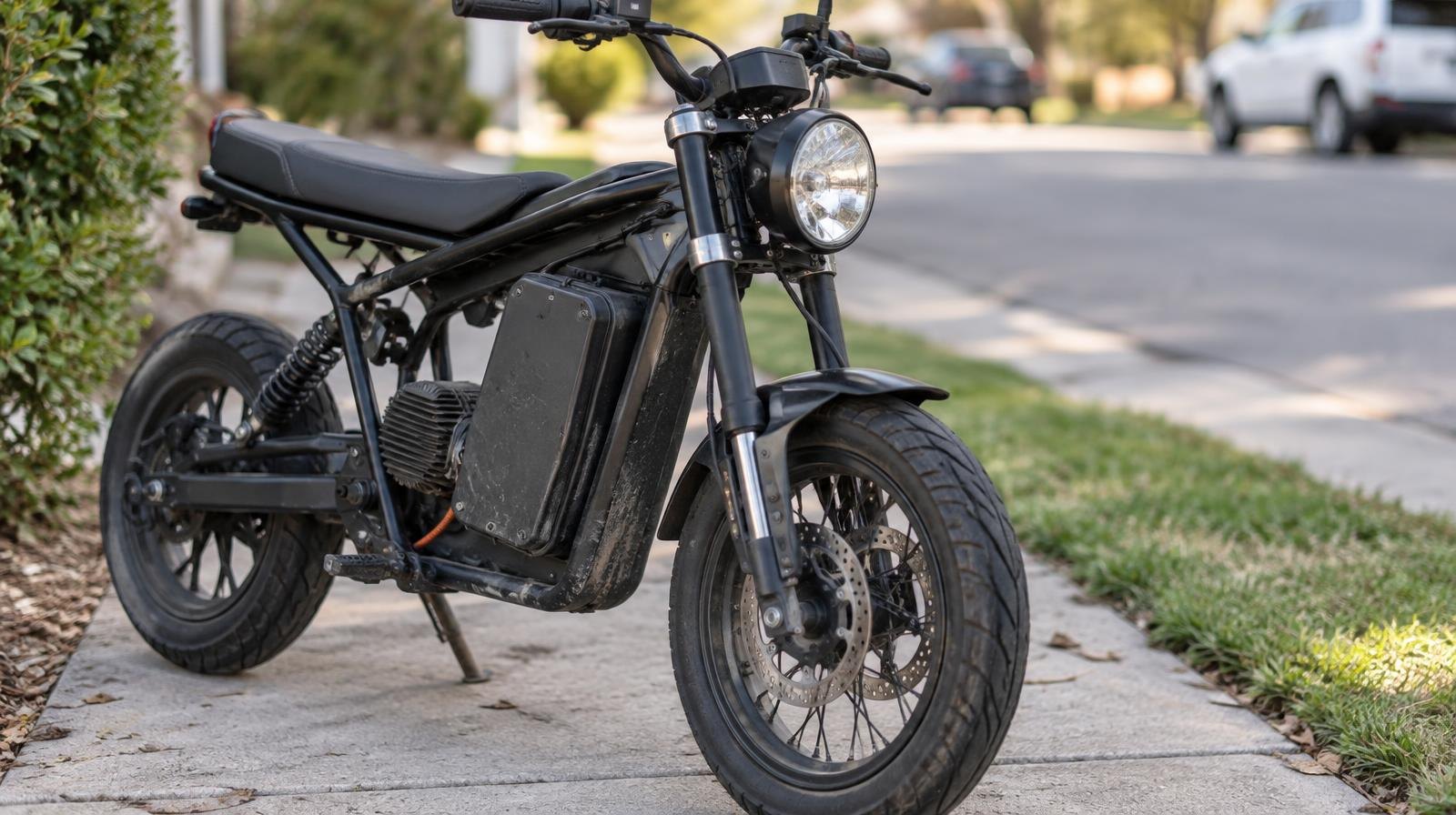 A small electric motorcycle with no pedals parked on a suburban sidewalk.