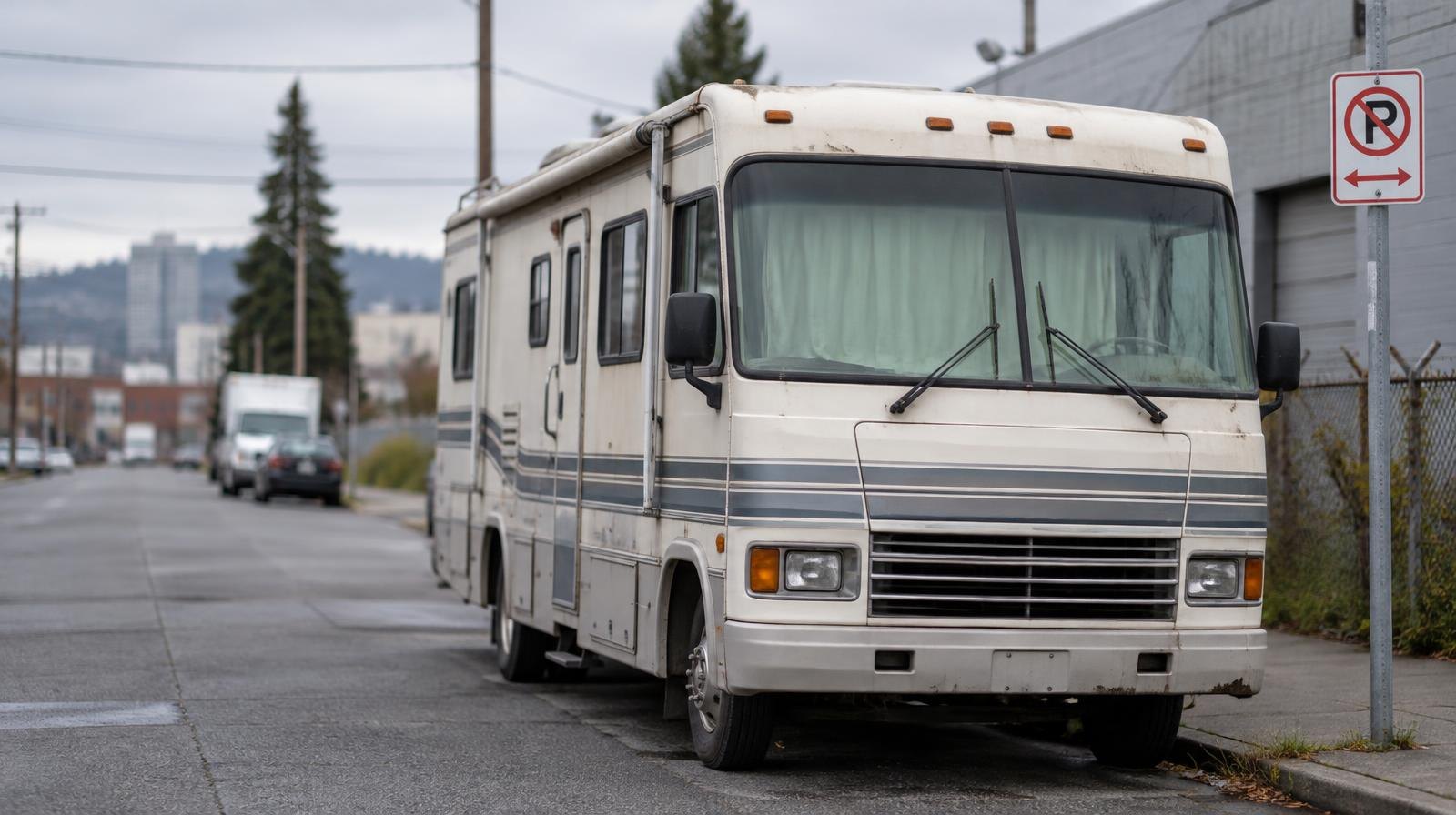 A large RV parked at a curb on a wide industrial street under overcast skies.