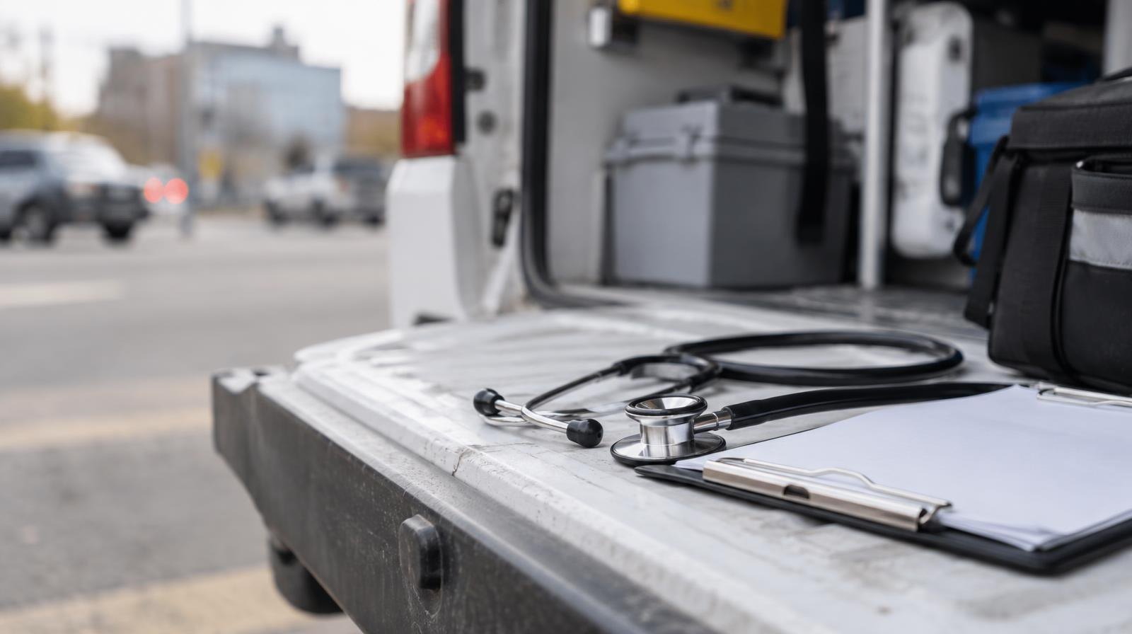 Stethoscope and clipboard resting on the open tailgate of a white van.