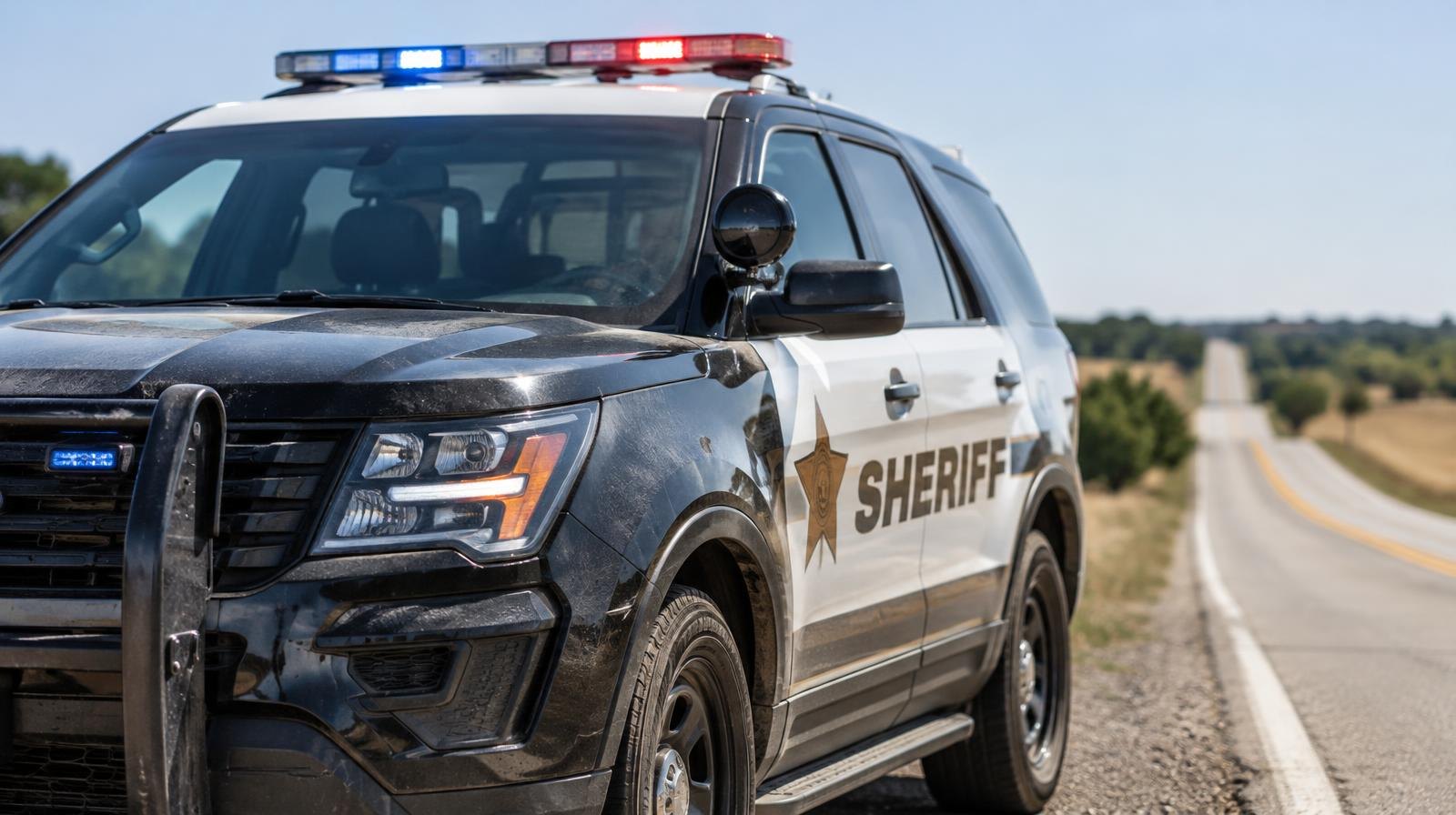 A sheriff's department patrol vehicle with light bar parked on a rural road.