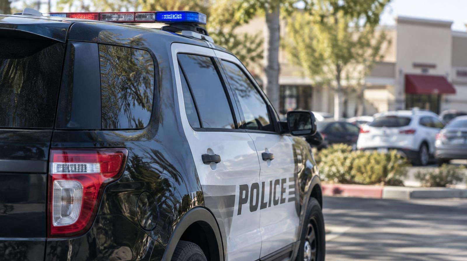 Marked police SUV with light bar parked in a suburban parking lot.