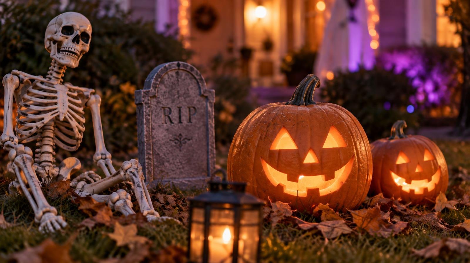 Halloween yard decorations with jack-o'-lanterns, a tombstone, and a skeleton on a lawn.