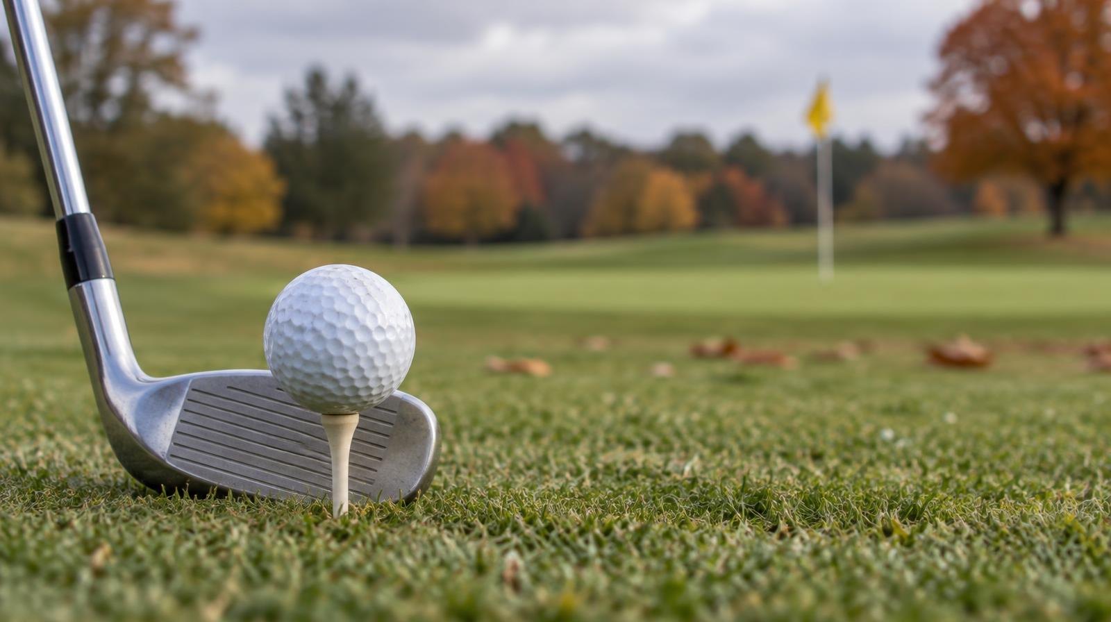 Golf ball on a tee next to an iron club on a green fairway.