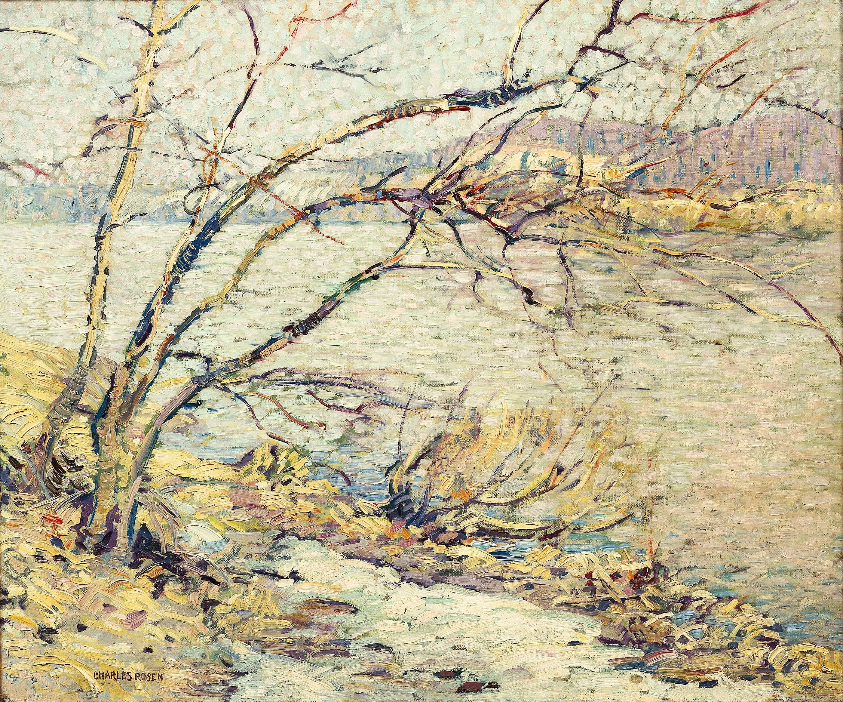Impressionist oil painting of bare winter trees along a riverbank in muted yellows and grays.