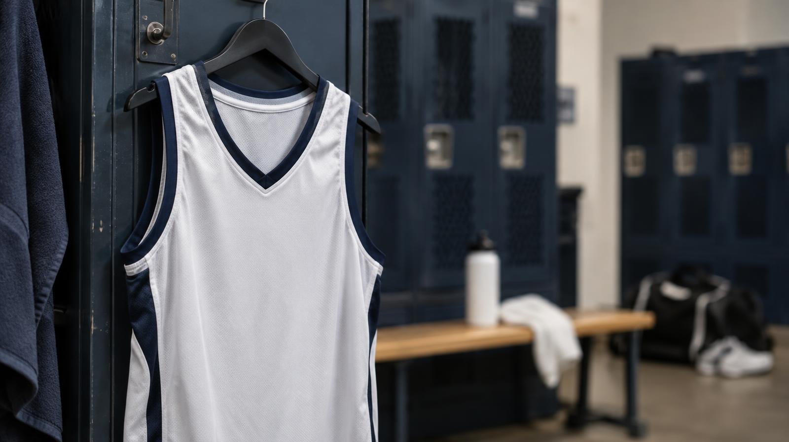 A blank athletic jersey hanging on a metal locker room hook.